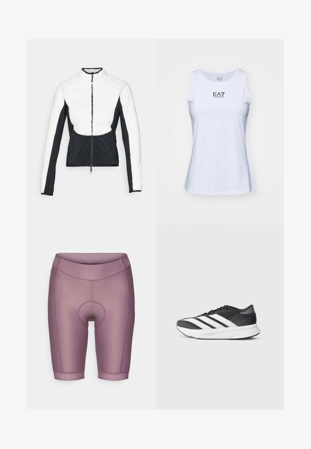 Fleecová a softshellová bunda s bielym vrchným dielom a čiernymi rukávmi, so zipsom vpredu a textúrovanými akcentmi na pleciach a bočných stranách.; Biela bezrukávová tričko vyrobené z hladkého materiálu, na prednej strane s čierne vytlačeným logom a s okrúhlym výstrihom.; Fialové cyklistické šortky vyrobené z hladkej, elastickej tkaniny; obsahujú vypchávku a široký pás; dĺžka po kolená s plochými švami.; Čierna športová obuv s bielymi pruhmi, priedušný zvršok, mäkčená podrážka a elegantný dizajn. Na päte a jazyku sú akcenty sivej farby.