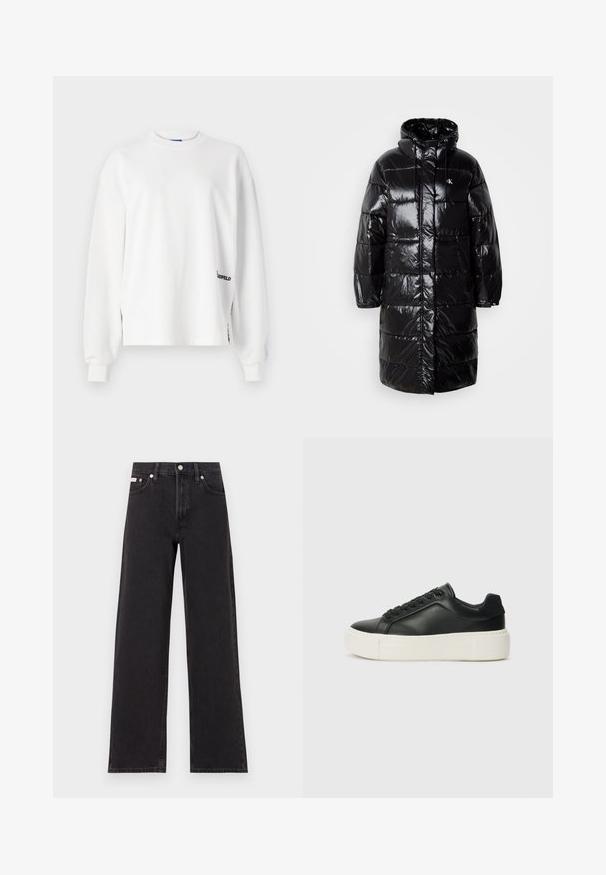 Giacca a vento nera con esterno lucido, cappuccio e tasche frontali. Presenta un design trapuntato e un'etichetta con logo sul lato sinistro del petto.; Karl Lagerfeld Jeans RELAXED - Felpa - white; Jeans neri a gamba larga in denim, con vita alta, styling a cinque tasche e chiusura con bottone metallico e cuciture a contrasto.; Sneaker in pelle nera con punta arrotondata, suola piatta bianca e lacci neri. Presenta un logo sottile sul tallone e una texture liscia.