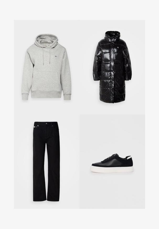 Giacca a vento nera con esterno lucido, cappuccio e tasche frontali. Presenta un design trapuntato e un'etichetta con logo sul lato sinistro del petto.; GANT SHIELD HOODIE - Felpa - light grey melange; Pantaloni in denim nero a gamba dritta con cinque tasche, rivetti argentati e chiusura con bottone. Il tessuto ha una finitura liscia e leggermente testurizzata.; Sneaker nera con pannelli in pelle liscia e suede, lacci piatti, punta arrotondata e suola in gomma bianca. Logo distintivo sul tallone.