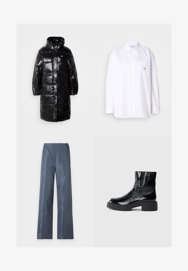 Melns pūkains mētelis ar spīdīgu virsmu, kapuci un priekšējām kabatām. Iekļauj izšūtu dizainu un logotipa uzšuvi kreisajā augšējā krūtī.; Balta kokvilnas krekls ar garām piedurknēm, krūšu kabata un neliels CK logo uz kabatas. Gluda tekstūra un pielāgota piegriezuma.; Platas kājas bikses tumši pelēkā krāsā, izgatavotas no gludas auduma. Tajās ir divas priekšējās kabatas un izšūti ielāpi gar šuvēm.; Melnas potītes zābaki ar spīdīgu lakotu ādas apdari, masīvu melnu gumijas zoli un paaugstinātu papēdi; satur subtilu logotipa detaļu sānu daļā.