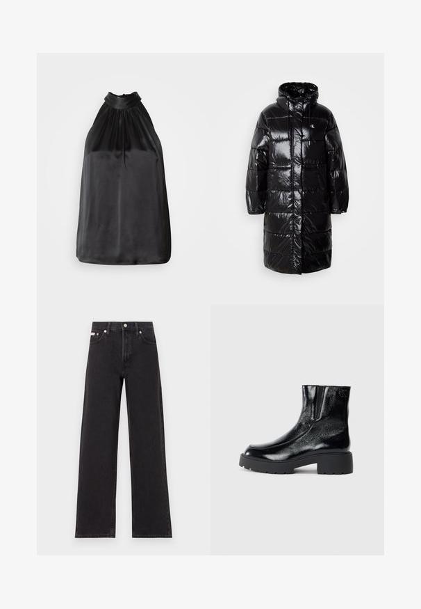 Schwarze Daunenjacke mit glänzender Außenseite, Kapuze und vorderen Taschen. Mit einem gesteppten Design und einem Logopatch auf der oberen linken Brust.; Schwarzes Satin-Haltertop mit gerafftem Stoff am Ausschnitt und einem glatten, fließenden Design. Gerader Saum ohne sichtbare Muster oder Akzente.; Schwarze weit geschnittene Jeans aus Denim mit einem hoch sitzenden Bund, fünf Taschen und einem Metallknopfverschluss mit kontrastierendem Nähte.; Schwarze Knöchelstiefel mit glänzender Lackleder-Oberfläche, einer kräftigen gummierten schwarzen Sohle und Absatz; mit dezentem Logodetail an der Seite.
