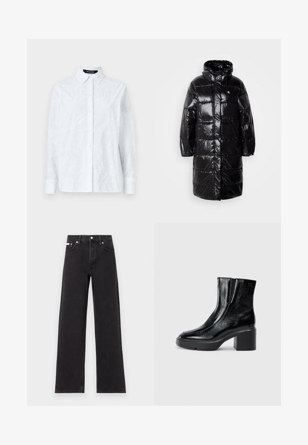 Casaco puffer preto com exterior brilhante, capuz e bolsos frontais. Apresenta um design acolchoado e um emblema no lado superior esquerdo do peito.; Camisa branca de botão, com um padrão de script texturizado, colarinho clássico, mangas longas e uma bainha reta. Feita de um tecido leve.; Jeans de perna larga pretos feitos de denim, apresentando uma cintura alta, estilo de cinco bolsos e um fecho em botão de metal com costura contrastante.; Botas de tornozelo de verniz preto com ponta curva, painéis laterais elásticos e um salto quadrado robusto. Apresenta um logotipo em relevo na parte de trás.