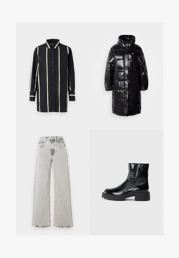 Svart puffjacka med glänsande yta, huva och framfickor. Har en quiltad design och en logotyp-patch på övre vänstra bröstet.; Svart långärmad skjorta med vertikala beige ränder, knäppning framtill, klassisk krage och kontrasterande manschetter och kragkant.; Vida jeans i ljusgrå denim med en blektvättad effekt, framfickor och knappstängning. Designen är avslappnad och rymlig.; Svarta anklar stövlar med en glänsande lackläderfinish, kraftig svart gummisula och upphöjd klack; inkluderar subtil logotypdetalj på sidan.