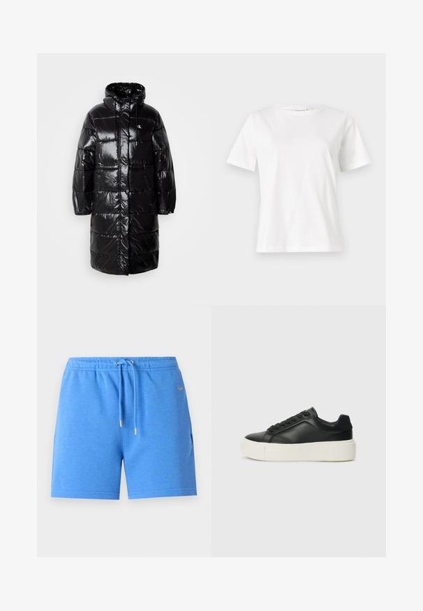 Fekete pufikabát fényes külsővel, kapucnival és elülső zsebekkel. Tűzött mintázattal rendelkezik, és egy logófolt található a bal felső mellen.; Fehér pamut póló rövid ujjakkal, kerek nyakkivágással és laza szabással. Sima textúra, nincsenek minták vagy díszítések, minimalista dizájn.; Kék pamut rövidnadrág, elasztikus derékkal, húzózsinórral és arany színű kiegészítőkkel. Simább textúrával és oldalsó zsebekkel rendelkezik.; Fekete bőr sportcipő lekerekített orral, fehér platformtalppal és fekete fűzőkkel. Diszkrét logó található a sarokon és sima felülete van.
