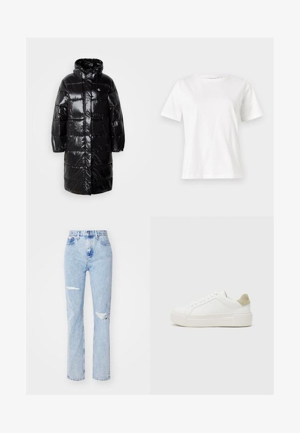 Must musterniga, läikiva välispinnaga jakke, kapuutsiga ja ees olevateTaskutega. Omab tupikutatud disaini ja logotaskut vasakus ülanurgas.; Valge puuvillane T-särk lühikeste varrukatega, ümmarguse kaelusega ja vabalt istuv. Sile tekstuur, ilma mustrite ja aktsentideta, minimalistik disain.; Heledad sinine kõrgema talje teksapüksid, mis on valmistatud denimest, kahe põlverebendi, sirgete jalgade ja nähtava õmblusega vööosa ja servade juures.; Valged tennised sileda nahast peals, heledast hallist nahast kanna detailiga ja paksu valge kummitald. Omab sidumisdisaini.