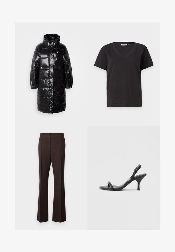 Juodas pūkinis švarkas su blizgia išore, gobtuvu ir priekinėmis kišenėmis. Savyje turi siuvinėtą dizainą ir logotipo dėklą kairėje krūtinės pusėje.; Juodas medvilninis marškinėlis su V formos iškirpte ir trumpomis rankovėmis. Paprastas dizainas, reguliaraus kirpimo, be raštų ar akcentų.; Samsøe Samsøe SALOT TROUSERS - Kelnės - chocolate torte; Juodos odinės aukštakulnės šlepetės su plonu, kreiviu kulnu ir kryžminiu dirželio dizainu. Reguliuojamas kulkšnies dirželis. Lygus paviršius.