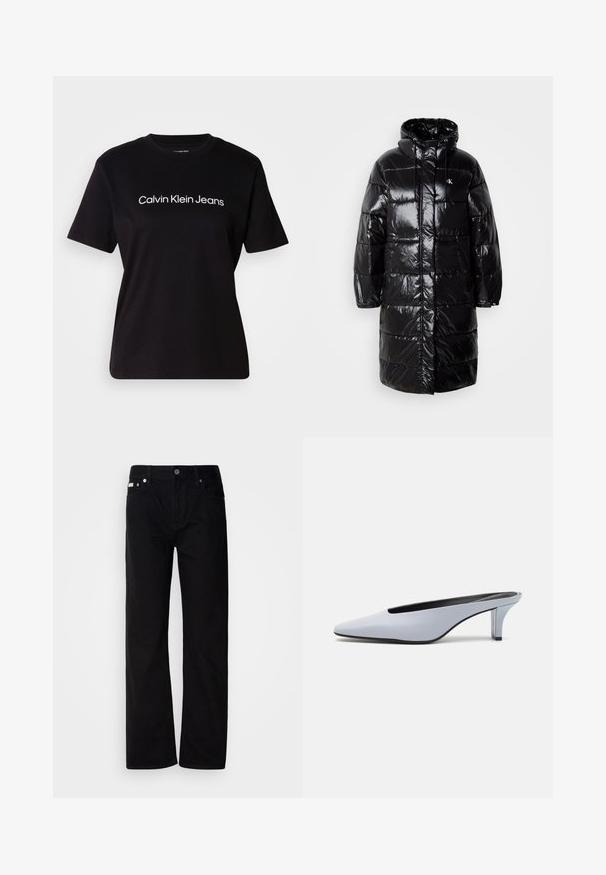 Svart puffjakke med blank overflate, hette og frontlommer. Har en quiltet design og et logo-patch på øvre venstre bryst.; Svart bomull T-skjorte med korte ermer, rund hals, og hvit "Calvin Klein Jeans" logo sentrert på brystet. Glatt tekstur.; Svart denim rettfittede bukser med fem lommer, sølvnitter og knappestolpe. Stoffet har en glatt, lett teksturert overflate.; Lys blå patentlær mule med spiss tå, lav gjennomsiktig hæl og en elegant design med utskjæring på vampen.