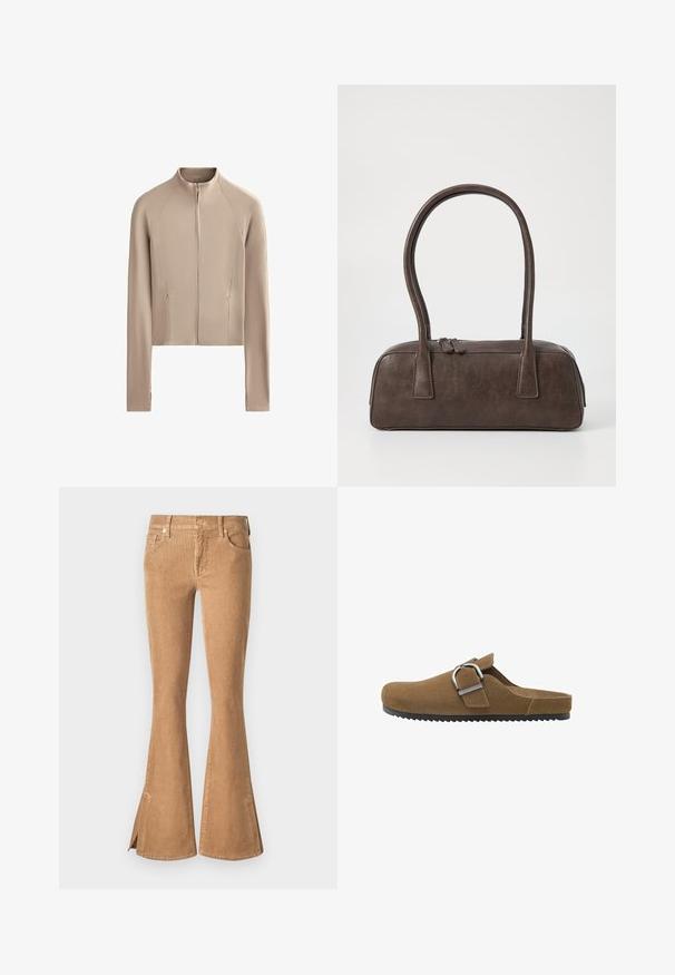 Kratka bežna jakna z dolgimi rokavi, rebrasto teksturo ob ramah in sprednjim zadrgo. Ima stranske žepe za funkcionalnost.; Bela kamizola s tankimi nastavljivimi trakovi, prilegajočim designom in gladko, raztegljivo teksturo brez vzorcev ali okraskov.; Rjave kordurojske flare kavbojke z visokim pasom, sprednjimi žepi in razporkom na venčkih. Teksturiran material z rebrastim vzorcem.; Rjavi semiš zlog z širokim trakom in srebrno kovinsko sponko, ki ima teksturiran podplat in odprto zasnovo na zadnjem delu.; Rjava usnjena torbica z dvema trdnima ročkama, pravokotne oblike, gladke teksture in zadrgo. Minimalističen dizajn brez vidnih vzorcev.