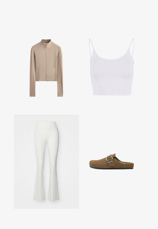 Beschnitten beige jakke med lange ærmer, ribbet tekstur langs skuldrene og en frontlynlås. Har sidelommer for funktionalitet.; Hvid top med spaghettistropper, tætsiddende design og en glat, strækbar tekstur uden mønstre eller pynt.; Hvide vide bukser med høj talje, lavet af et glat, strækbart materiale. Har en tætsiddende silhuet, der flares ud ved underbenet.; Brune ruskindsklap med en bred rem og sølvfarvet metalspænde, med en tekstureret sål og et åbent bagside-design.
