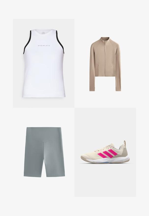 Beschnitten beige jakke med lange ærmer, ribbet tekstur langs skuldrene og en frontlynlås. Har sidelommer for funktionalitet.; Endless ESSENTIAL - Top - white; Lys grå sportshorts lavet af glat, strækbart stof, med en høj talje og en tætsiddende design med simple syninger.; Beige sportsko med pink tre-stribede logo, tekstureret mesh overdel, polstret krave og hvid gummisål, med "LIGHTSTRIKE" branding.