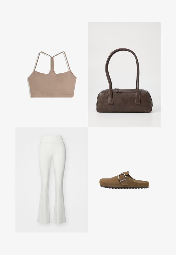 Beschnitten beige jakke med lange ærmer, ribbet tekstur langs skuldrene og en frontlynlås. Har sidelommer for funktionalitet.; BH i en dæmpet brun farve med en glat tekstur, der har justerbare spaghetti stropper og en firkantet udskæring, uden synlige lukninger.; Hvide vide bukser med høj talje, lavet af et glat, strækbart materiale. Har en tætsiddende silhuet, der flares ud ved underbenet.; Brune ruskindsklap med en bred rem og sølvfarvet metalspænde, med en tekstureret sål og et åbent bagside-design.; Brun lædertaske med to robuste håndtag, rektangulær form, glat tekstur og lynlås lukning. Minimalistisk design uden synlige mønstre.