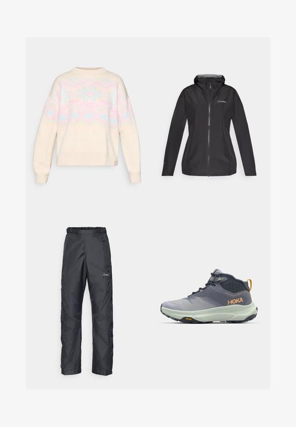 Svart vanntett jakke med hette, full glidelås og grå indre fôr. Har en logo på brystet og elastiske mansjetter.; Lys kremfarget genser med pastell-geometriske mønstre i rosa, blått og gult. Har rund hals og ribbestrikkede mansjetter og nederkant. Løs passform.; Berghaus DELUGE 2.0 - Friluftsbukser - black; Grå HOKA fottur støvel med teksturert overdel, syntetiske detaljer, og en lys grønn mellomsåle. Har en Vibram yttersåle for godt grep.