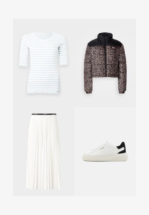Cazadora puffer corta con estampado de leopardo, paneles de nylon negro en los hombros, cuello alto, cierre delantero con cremallera y logotipo sutil en el pecho.; Top de manga larga a rayas azul claro y blanco, hecho de algodón suave, con cuello redondo y un pequeño detalle de logotipo en el dobladillo.; Falda blanca plisada con una cinturilla elástica negra que presenta el logotipo "LACOSTE". Diseño de longitud media con textura suave.; Zapatillas blancas de cuero con una suela blanca gruesa, acento en el talón de ante negro y logo grabado en el lateral. Diseño de cordones con seis ojales.