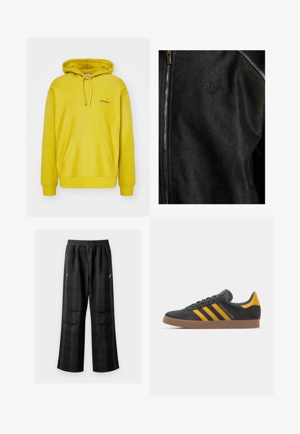 Black zip-up jacket made of textured fabric. Features a subtle, dark logo and contrast stitching along the seams.; Yellow hooded sweatshirt made of cotton blend. Features a front kangaroo pocket, ribbed cuffs, and a small logo on the chest.; Black plaid pants featuring an elastic waistband, two front pockets, and a loose fit with a straight leg design. Made from lightweight material.; Black suede sneaker with yellow accents, featuring three stripes and a brown rubber sole. Includes a padded tongue for comfort.