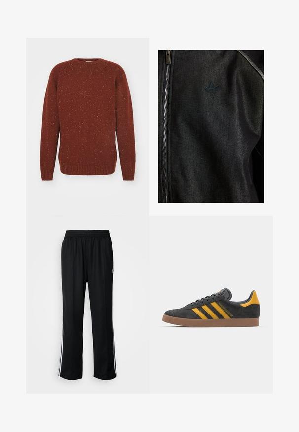 Zwarte ritsjack gemaakt van textuurstof. Bevat een subtiele, donkere logo en contrasterende stiksels langs de naden.; Carhartt WIP ANGLISTIC - Trui - speckled offroad; Zwarte sportbroeken met een elastische tailleband, voorzien van witte zijkanten en een klein logo. Het materiaal lijkt zacht en lichtgewicht te zijn.; Zwarte suède sneakers met gele accenten, voorzien van drie strepen en een bruine rubberen zool. Inclusief een gevoerde tong voor comfort.