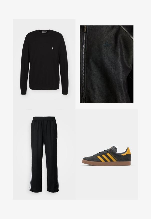 Black zip-up jacket made of textured fabric. Features a subtle, dark logo and contrast stitching along the seams.; Carhartt WIP Sweatshirt - black; Black athletic pants with an elastic waistband, featuring white side stripes and a small logo. Material appears soft and lightweight.; Black suede sneaker with yellow accents, featuring three stripes and a brown rubber sole. Includes a padded tongue for comfort.
