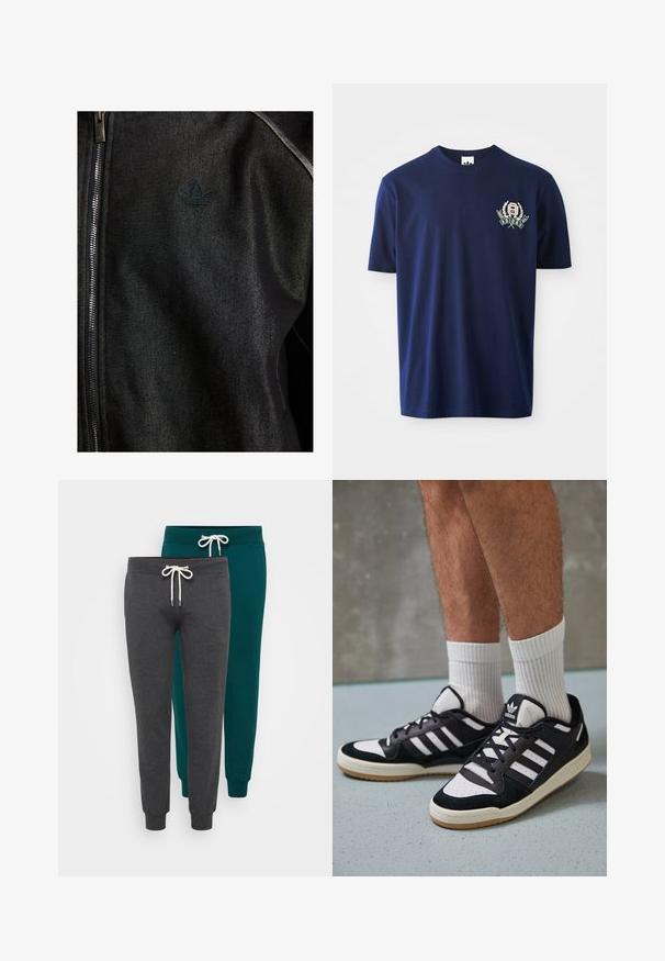 Chaqueta negra con cremallera, hecha de una tela texturizada. Presenta un logotipo oscuro y sutil, así como costuras de contraste a lo largo de las costuras.; Camiseta de algodón azul marino de manga corta, con cuello redondo y logo bordado con acentos de laurel en el lado izquierdo del pecho.; Dos pares de pantalones deportivos en gris carbón y azul verdoso, hechos de una tela suave, con puños elásticos y cinturillas con cordones blancos.; Zapatillas en blanco y negro con parte superior de ante y cuero, que presentan tres franjas blancas, una puntera perforada y una suela de goma.