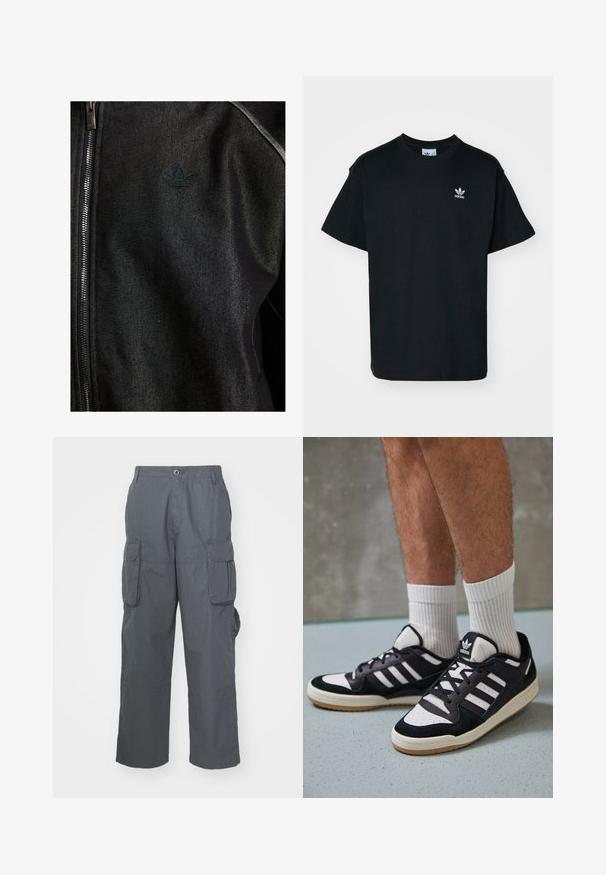 Črna zapinjalna jakna iz teksturirane tkanine. Ima diskreten temen logo in kontrastne šive ob šivih.; Črna bombažna majica s kratkimi rokavi in krožno ovratnikom, z majhnim belim logotipom Adidas na levem prsnem delu.; Cargo hlače iz temno sive tkanine; vsebujejo več stranskih žepov, sproščeno prileganje in gumbe za zapiranje na pasu.; Črno-bele superge z zgornjim delom iz usnja in nubuka, ki imajo tri bele črte, perforiran vrh prstov in podplat iz gume.