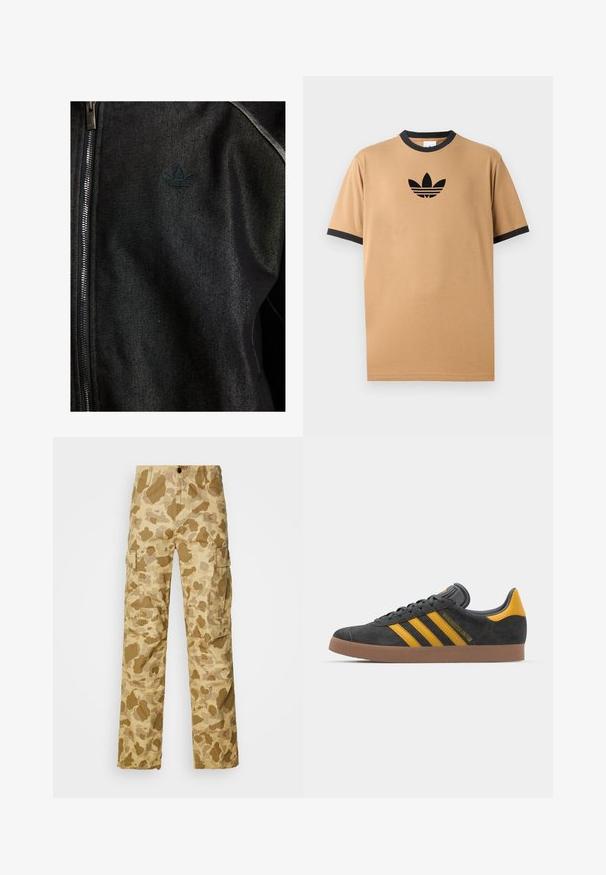 Black zip-up jacket made of textured fabric. Features a subtle, dark logo and contrast stitching along the seams.; Tan cotton t-shirt with a black ribbed crew neckline and cuffs. Features a black Adidas logo with three stripes below the logo on the chest.; Beige cargo pants with a light brown camouflage pattern, featuring two side pockets and a straight leg design. Textured fabric with subtle stripes.; Black suede sneaker with yellow accents, featuring three stripes and a brown rubber sole. Includes a padded tongue for comfort.