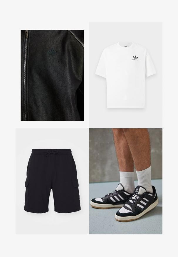 Črna zapinjalna jakna iz teksturirane tkanine. Ima diskreten temen logo in kontrastne šive ob šivih.; Bela bombažna majica s kratkimi rokavi, ki na sprednji strani vsebuje črn logotip "BASKETBALL" in ikoničen dizajn treh črt.; Črne cargo kratke hlače z elastičnim pasom in vrvico. Imajo dva stranska žepa in majhen logotip na desni strani.; Črno-bele superge z zgornjim delom iz usnja in nubuka, ki imajo tri bele črte, perforiran vrh prstov in podplat iz gume.