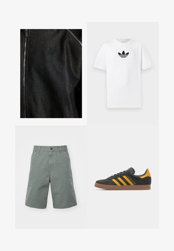 Black zip-up jacket made of textured fabric. Features a subtle, dark logo and contrast stitching along the seams.; White cotton T-shirt featuring a black Adidas logo at the center. Short sleeves and a crew neck design. Smooth texture.; Light green cotton shorts with a button closure, belt loops, and side pockets. Features a straight cut and a lightweight texture.; Black suede sneaker with yellow accents, featuring three stripes and a brown rubber sole. Includes a padded tongue for comfort.