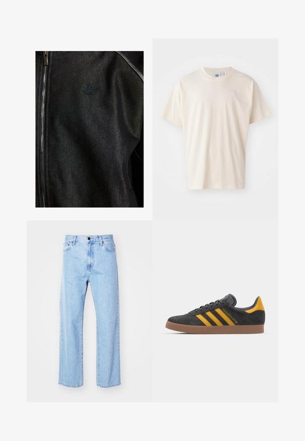 Svart zip-up jakke laget av teksturert stoff. Har en subtil, mørk logo og kontrastsøm langs sømmene.; Kremfarget bomullst-skjorte med rund hals og korte ermer; har en liten, lysfarget logo på brystet.; Lys blå denim jeans med rett ben-design, høy midje, fem-lommers stil og klassisk knapp- og glidelåslukking.; Sort skinnesko i svart semsket skinn med gule detaljer, med tre striper og en brun gummisåle. Inkluderer en polstret tunge for komfort.