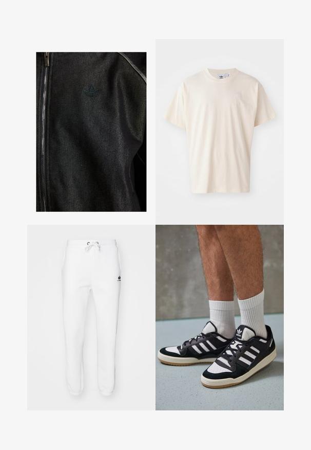 Czarna kurtka zapinana na zamek, wykonana z teksturowanej tkaniny. Posiada subtelne, ciemne logo oraz kontrastowe przeszycia wzdłuż szwów.; Kremowa bawełniana koszulka z okrągłym dekoltem i krótkimi rękawami; posiada małe, jasne logo na piersi.; Białe dresy wykonane z mieszanki bawełny, z elastycznym pasem z sznurkiem, kieszeniami po bokach oraz ściągaczami na mankietach z akcentem logo.; Czarno-białe sneakersy z zamszową i skórzaną cholewką, z trzema białymi paskami, perforowanym czubkiem i gumową podeszwą w kolorze gumy.