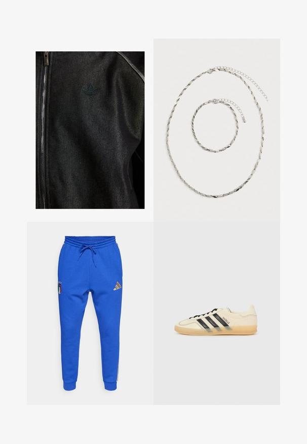 Jachetă neagră cu fermoar, realizată dintr-un material texturat. Prezintă un logo întunecat subtil și cusături în contrast pe margini.; Tricou alb supradimensionat, din material textil, cu guler rotund, mâneci scurte, textură netedă, design simplu, fără modele sau accente.; Pantaloni sport albastri cu talie cu șnur, având cuvântul „Italia” și un logo. Logo-ul Adidas auriu pe coapsa stângă; manșete ribanate la glezne.; Tenis cu crem deschis, cu design cu trei dungi negre, parte superioară texturată, vârf rotund și talpă din cauciuc. Include șireturi și branding pe lateral.; Colier din lanț împletit argintiu și brățară asortată cu închizători reglabile, așezate pe un fundal alb.