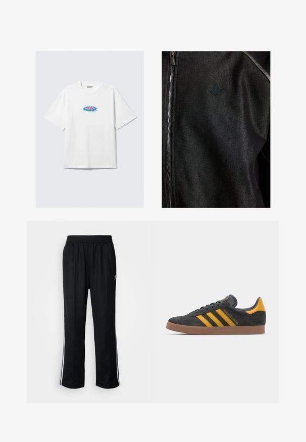 Black zip-up jacket made of textured fabric. Features a subtle, dark logo and contrast stitching along the seams.; White cotton t-shirt with oversized fit, featuring a colorful graphic design in pink and blue on the front. Round neck, short sleeves.; Black athletic pants with an elastic waistband, featuring white side stripes and a small logo. Material appears soft and lightweight.; Black suede sneaker with yellow accents, featuring three stripes and a brown rubber sole. Includes a padded tongue for comfort.