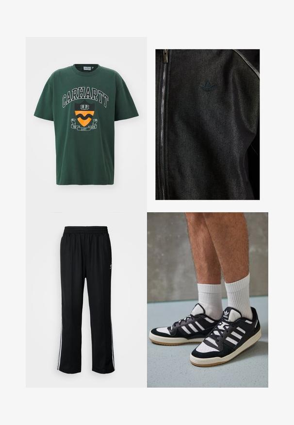 Crna jakna na zatvaranje sa zipom, izrađena od teksturirane tkanine. Ima suptilan tamni logo i kontrastne šavove duž spojnih mjesta.; Tamnozelena pamučna majica s kratak rukavima koja sadrži hrabar bijeli "CARHARTT" logotip, grafiku štita u narančastoj i crnoj boji.; Crne sportske hlače s elastičnom trakom oko struka, s bijelim bočnim prugama i malim logotipom. Materijal izgleda mekan i lagan.; Crne i bijele tenisice s gornjim dijelom od antilopa i kože, s tri bijele pruge, perforiranim prstom i gumiranim potplatom.