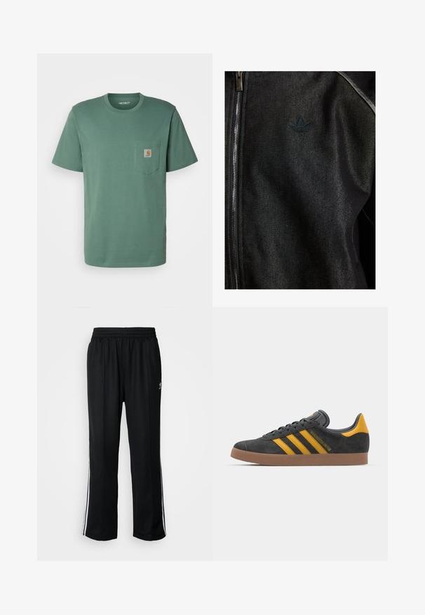 Svart zip-up jakke laget av teksturert stoff. Har en subtil, mørk logo og kontrastsøm langs sømmene.; Carhartt WIP POCKET - T-shirts - duck green; Sorte treningsbukser med elastisk midjebånd, med hvite sidestiper og en liten logo. Materialet ser mykt og lett ut.; Sort skinnesko i svart semsket skinn med gule detaljer, med tre striper og en brun gummisåle. Inkluderer en polstret tunge for komfort.