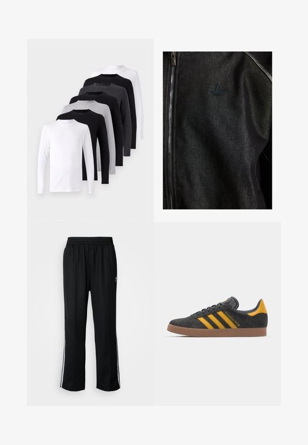 Sort zip-jakke lavet af struktureret stof. Har et diskret, mørkt logo og kontrastsøm langs sømmene.; Langærmet T-shirt sæt i sort, hvid og grå farver. 100% bomuldsstof, rund halsudskæring, glat tekstur uden mønstre eller accenter.; Sorte træningsbukser med elastisk talje, der har hvide sidestænger og et lille logo. Materialet ser blødt og let ud.; Sort suedet sneaker med gule accenter, der har tre striber og en brun gummisål. Inkluderer en polstret tunge for komfort.