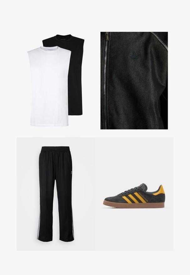Melnā zipa jakas izgatavota no teksturētas auduma. Izceļas ar diskrētu, tumšu logotipu un kontrastējošiem šuvēm gar malām.; Baltas un melns bez piedurknēm kokvilnas T-krekls ar apaļu kakla izgriezumu, gluda tekstūra un minimālisma dizains. Piemērots dažādām ikdienas situācijām.; Melni sporta bikses ar elastīgu jostas vietu, kurām ir baltas sānu svītras un neliels logotips. Materiāls izskatās mīksts un viegls.; Melnas zamšādas kedas ar dzelteniem akcentiem, kurām ir trīs svītras un brūna gumijas zole. Iekļauta mīksta valkāšanas tongue komfortam.