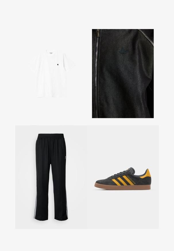 Črna zapinjalna jakna iz teksturirane tkanine. Ima diskreten temen logo in kontrastne šive ob šivih.; Bela bombažna majica s kratkimi rokavi, okroglim ovratnikom in majhnim črnim logotipom na levi prsni strani. Mehka tekstura in standardni kroj.; Črne atletske hlače z elastičnim pasom, ki imajo bele stranske črte in majhen logo. Material izgleda mehak in lahek.; Črne semiš tene z rumenimi akcenti, ki vsebujejo tri trakove in rjavo gumo podplat. Vključujejo oblazinjeno jezik za udobje.