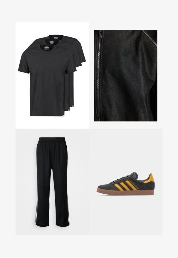 Fekete cipzáras dzseki textúrált anyagból készült. Diszkrét, sötét logóval és kontrasztos varrásokkal rendelkezik az illesztések mentén.; Fekete pamut pólók három darabos csomagban. Kerek nyakú, rövid ujjú, sima tapintású. Logós címke az alján.; Fekete sportnadrág rugalmas derékrésszel, fehér oldalsávokkal és egy kis logóval. Az anyaga lágy és könnyűnek tűnik.; Fekete velúrbőr sportcipő sárga díszítéssel, három csíkkal és barna gumitalppal. Párnázott nyelvével a kényelem érdekében.