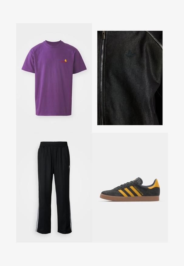 Giacca nera con zip realizzata in tessuto testurizzato. Presenta un logo scuro e discreto e cuciture a contrasto lungo le cuciture.; Maglietta in cotone viola con scollatura a girocollo. Presenta un piccolo logo giallo e rosso sul lato sinistro del petto. Maniche corte, vestibilità standard.; Pantaloni da allenamento neri con elastico in vita, dotati di bande laterali bianche e un piccolo logo. Il materiale sembra morbido e leggero.; Sneaker in suede nero con dettagli gialli, dotato di tre strisce e una suola in gomma marrone. Include una linguetta imbottita per il comfort.