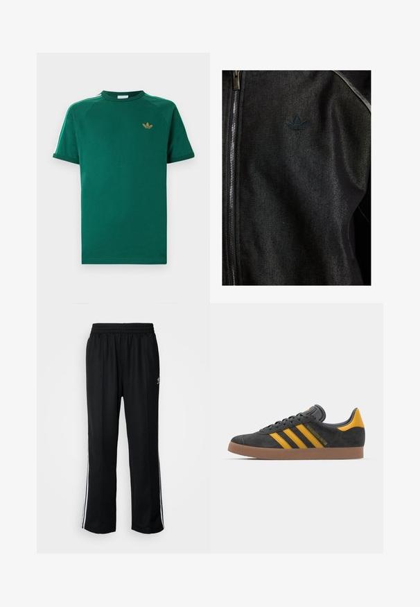 Melnā zipa jakas izgatavota no teksturētas auduma. Izceļas ar diskrētu, tumšu logotipu un kontrastējošiem šuvēm gar malām.; Zaļa īsroku Adidas T-krekls ar apaļu kakla izgriezumu, zelta trefle logo uz krūtīm un baltas svītras ar zaļām malām uz pleciem.; Melni sporta bikses ar elastīgu jostas vietu, kurām ir baltas sānu svītras un neliels logotips. Materiāls izskatās mīksts un viegls.; Melnas zamšādas kedas ar dzelteniem akcentiem, kurām ir trīs svītras un brūna gumijas zole. Iekļauta mīksta valkāšanas tongue komfortam.