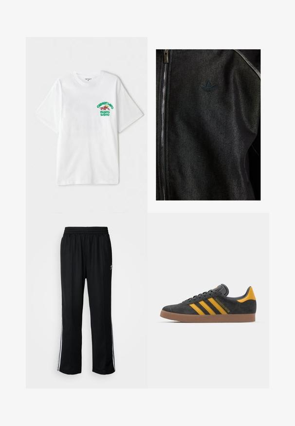 Black zip-up jacket made of textured fabric. Features a subtle, dark logo and contrast stitching along the seams.; White cotton t-shirt featuring a green and red graphic text on the left chest reading "cashart Who Pronto Subito." Short sleeves.; Black athletic pants with an elastic waistband, featuring white side stripes and a small logo. Material appears soft and lightweight.; Black suede sneaker with yellow accents, featuring three stripes and a brown rubber sole. Includes a padded tongue for comfort.