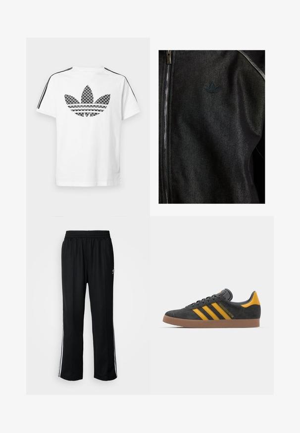 Casaco preto com fecho éclair, feito de um tecido texturizado. Apresenta um logo escuro discreto e costuras em contraste ao longo das costuras.; T-shirt branca de algodão com um logótipo preto gráfico do trevo na frente, apresentando riscas pretas ao longo dos ombros para acentuar.; Calças atléticas pretas com um cós elástico, apresentando riscas brancas laterais e um pequeno logótipo. O material parece macio e leve.; Tenis em camurça preta com detalhes amarelos, apresentando três riscas e uma sola de borracha castanha. Inclui uma língua acolchoada para maior conforto.