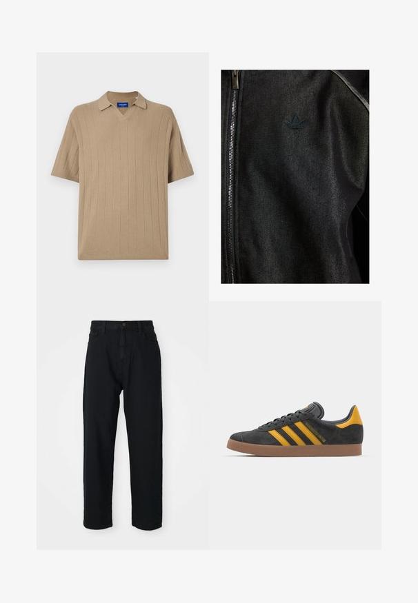 Črna zapinjalna jakna iz teksturirane tkanine. Ima diskreten temen logo in kontrastne šive ob šivih.; Jack & Jones JORVARENNA SPLIT NECK - Polo majica - silver sage; Črne jeans hlače s ravnim krojem. Imajo klasičen pet-pocket dizajn, zapiranje na gumb in subtilno teksturo tkanine.; Črne semiš tene z rumenimi akcenti, ki vsebujejo tri trakove in rjavo gumo podplat. Vključujejo oblazinjeno jezik za udobje.