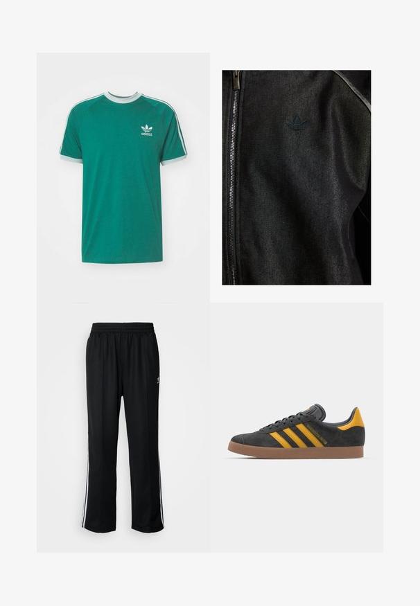 Juodas užtrauktuku užsegamas švarkas, pagamintas iš tekstūruotos medžiagos. Siuvinėtas subtiliu, tamsiu logotipu ir kontrastingomis siuvimo siūlėmis.; Žalia medvilninė marškinė su apvaliu iškirpimu, kontrastinga šviesiai mėlyna apdaila ir Adidas logotipu kairėje krūtinės pusėje. Trumpi raguoti rankovės.; Juodi sportiniai keliai su elastingu juosmeniu, su baltais šonais ir mažu logotipu. Atrodo, kad medžiaga yra minkšta ir lengva.; Juodas zomšinės sportbačiai su geltonais akcentais, turintys tris juosteles ir rudą gumos padą. Apima paminkštintą liežuvėlį patogumui.