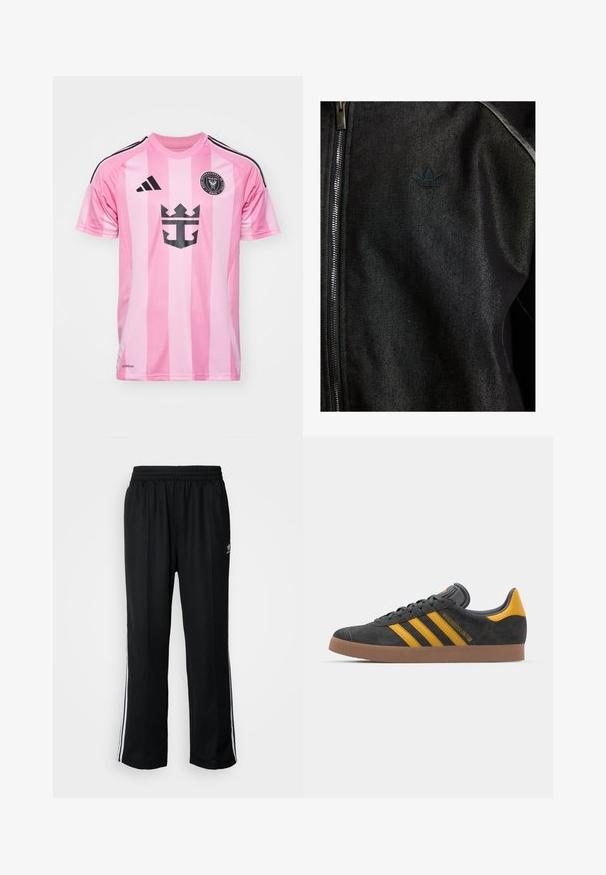 Fekete cipzáras dzseki textúrált anyagból készült. Diszkrét, sötét logóval és kontrasztos varrásokkal rendelkezik az illesztések mentén.; Rózsaszín foci mez függőleges csíkokkal, fekete részletekkel és grafikus logóval. Lélegző anyagból készült, rövid ujjú és kerek nyakkivágással rendelkezik.; Fekete sportnadrág rugalmas derékrésszel, fehér oldalsávokkal és egy kis logóval. Az anyaga lágy és könnyűnek tűnik.; Fekete velúrbőr sportcipő sárga díszítéssel, három csíkkal és barna gumitalppal. Párnázott nyelvével a kényelem érdekében.