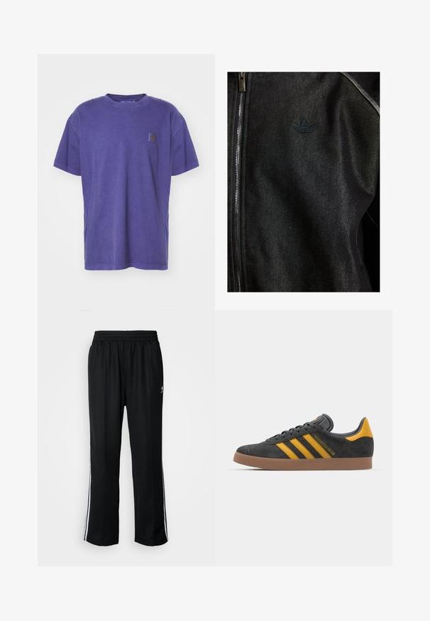 Czarna kurtka zapinana na zamek, wykonana z teksturowanej tkaniny. Posiada subtelne, ciemne logo oraz kontrastowe przeszycia wzdłuż szwów.; Fioletowa bawełniana koszulka, okrągły dekolt, luźny krój, krótkie rękawy, posiada małą naszywkę z logo na lewej piersi, gładka tekstura, casualowy design.; Czarne sportowe spodnie z elastycznym paskiem w talii, z białymi paskami po bokach i małym logo. Materiał wydaje się miękki i lekki.; Czarne zamszowe sneakersy z żółtymi akcentami, z trzema paskami i brązową gumową podeszwą. Posiadają wyściełany język dla większego komfortu.