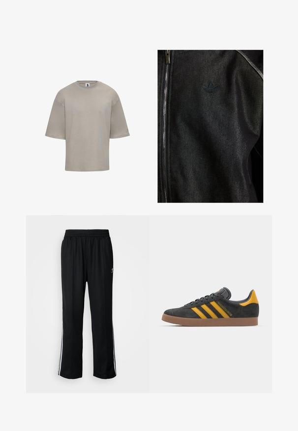 Črna zapinjalna jakna iz teksturirane tkanine. Ima diskreten temen logo in kontrastne šive ob šivih.; Majica s kratkimi rokavi in okroglim izrezom iz svetle bež bombažne tkanine. Ima sproščen kroj, gladko teksturo in diskretno blagovno znamko na rokavu.; Črne atletske hlače z elastičnim pasom, ki imajo bele stranske črte in majhen logo. Material izgleda mehak in lahek.; Črne semiš tene z rumenimi akcenti, ki vsebujejo tri trakove in rjavo gumo podplat. Vključujejo oblazinjeno jezik za udobje.