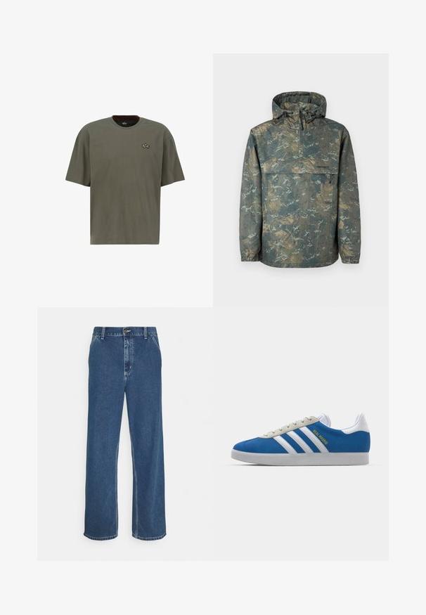 Kameele mustriga kerge jope kapuutsiga, pooltõmbe esiosa, elastsete mansettide ja reguleeritavate nööridega. Valmistatud veekindlast materjalist.; Oliivroheline lühikeste varrukatega T-särk, mis on valmistatud puuvillast, ümmarguse kaelusega ja vasakul rinnal on väike kuldne tikandlogo.; Sinine teksapüksid sirge lõike, viie tasku disaini, metallnõela sulgemise ja nähtava nõelumisega õmbluste ja servade ääres.; adidas Originals ADIDAS GAZELLE SHOES - Saalijalgpalli saapad - real madrid/bluebird/footwear white/crew yellow