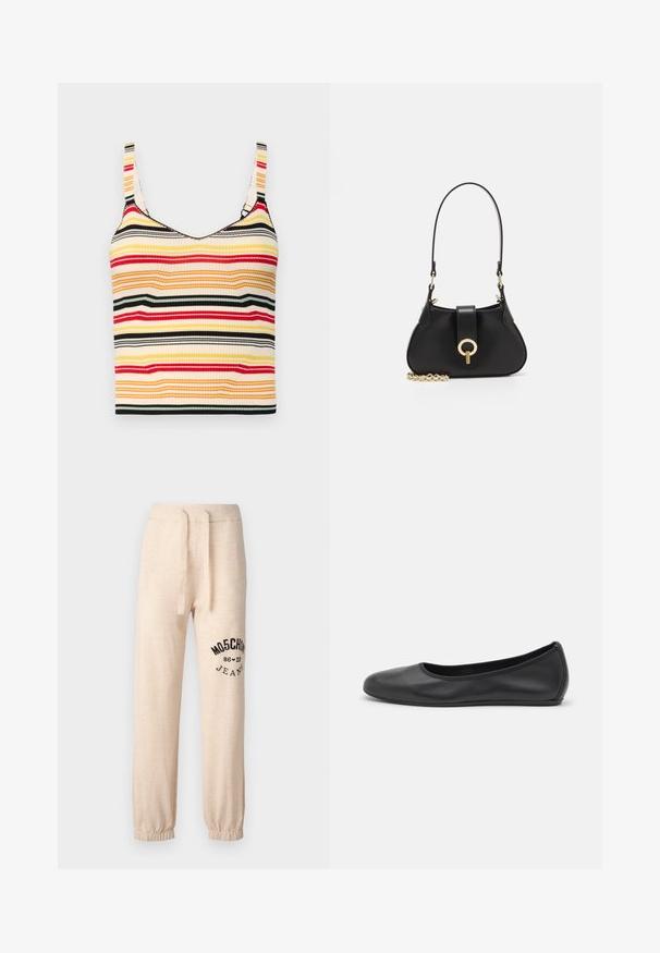 Denim jakk, erinevates sinistes toonides, rõhutatud viimistlusega, kahe rinna taskuga, külgtaskutega, nähtava õmblusega ja metallnuppudega.; Triibuline lühike top laia õlavarrega kollases, punases, mustas ja kreemjas värvikes. Ribakudumine ja ümar kaelus.; Beežid dressipüksid elastse vöökoha, reguleeritava nööriga ja kogutud pahkluudega. Vasakul jalal on musta tikandiga logo.; Musthave mustika tantsutossud mustast nahast, ümmarguse varbaga, siledast tekstuurist, minimaalse õmblusdetailiga ja paindliku tallakujundusega.; sandro JANET - Käekott - noir