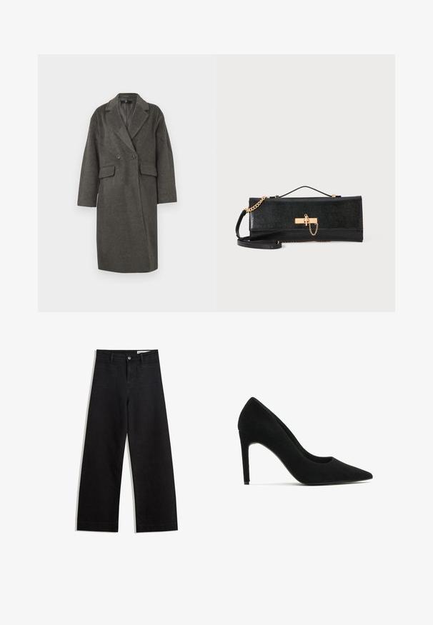 Palton din lână cu două rânduri de nasturi, de culoare gri închis, având nasturi mari, buzunare laterale și rever cu pene. Croi lejer, cu mâneci lungi.; Pulover negru din tricot cu decolteu pe umeri, mâneci lungi și manșete și tiv tivuite. Confecționat din material moale și texturat.; Pantaloni din denim negri cu picioare largi, cu talie înaltă, având buzunare frontale și posterioare, cusături dublate și închidere cu nasture. Textură netedă.; Pantofi cu toc înalt din suede negru, cu vârful ascuțit, textură netedă și siluetă elegantă; au toc stiletto și un design minimalist.; Geantă de mână neagră cu un finisaj texturat, curea din lanț auriu și închidere cu broască. Formă rectangulară cu un design elegant, minimalist.