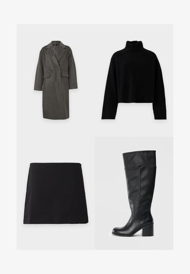 Palton din lână cu două rânduri de nasturi, de culoare gri închis, având nasturi mari, buzunare laterale și rever cu pene. Croi lejer, cu mâneci lungi.; Pulover negru din tricot cu model în rayuri, cu guler înalt și un design scurt, având mâneci lungi și un finisaj texturat.; Fustă mini neagră, cu croială dreaptă, cu o textură netedă, expusă plat pe un fundal alb.; Botine negre din piele, până la genunchi, cu toc pătrat, textură netedă și detalii cusute pe părțile laterale. Design simplu și modern.