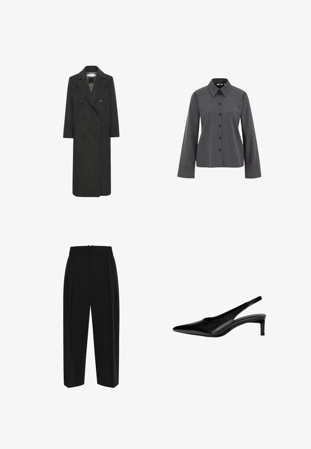 Duguljasti dugi kaput od tamno sive vune, s jednostrukim ovratnikom, šest dugmadi i dva prednja džepa. Glatka tekstura.; WE Fashion Bluza s gumbima - grey; Crne hlače s visokim strukom, nabranim prednjim dijelom i ravnim krojem. Izrađene od glatkog materijala s čistim završetkom i bez vidljivih metalnih dijelova.; Crne kožne sandale s otvorenim petom i šiljastim vrhom, niskom petom i prorezima sa strane. Glatka tekstura s elegantnim izgledom.