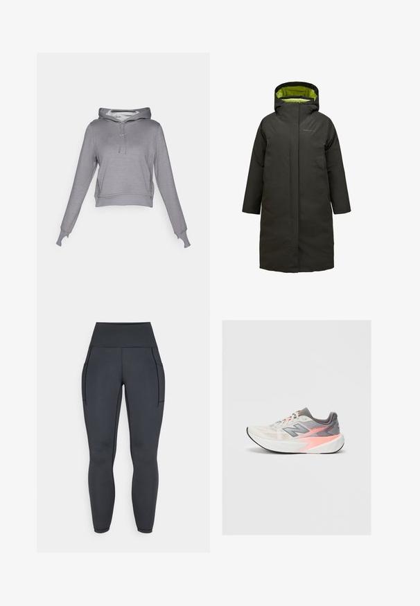 Parka larga negra con capucha, con un forro interior de color verde brillante. Fabricada con un material suave y resistente al agua, de diseño minimalista.; Sudadera corta gris con capucha ajustable, mangas largas, puños de canalé y un interior suave. Presenta un logo sutil en el pecho.; Leggings negros de cintura alta hechos de una tela elástica y suave. Cuenta con dos bolsillos laterales y costuras de contraste a lo largo de las costuras.; Zapatilla de running de New Balance en gris claro y rosa con suela blanca gruesa y suela negra, vista lateral sobre fondo liso.